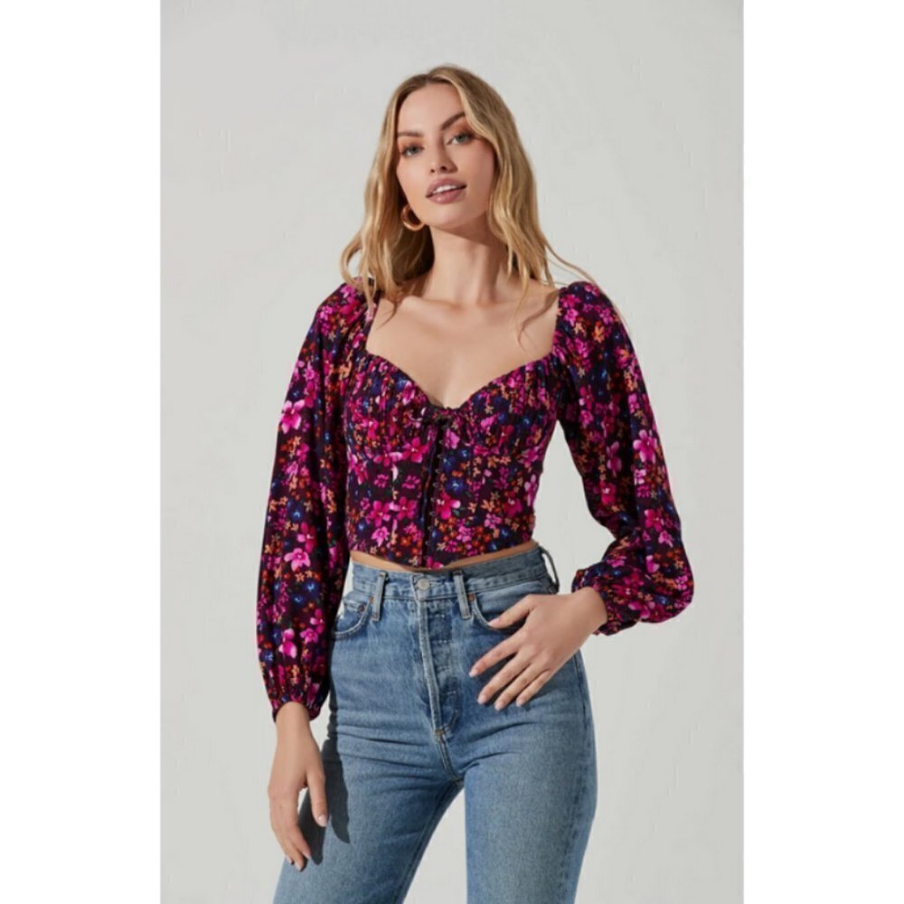 💕ASTR💕 Edwina Floral Corset Long Sleeve Top ~ Purple Floral Print XS NWT - Picture 5 of 14